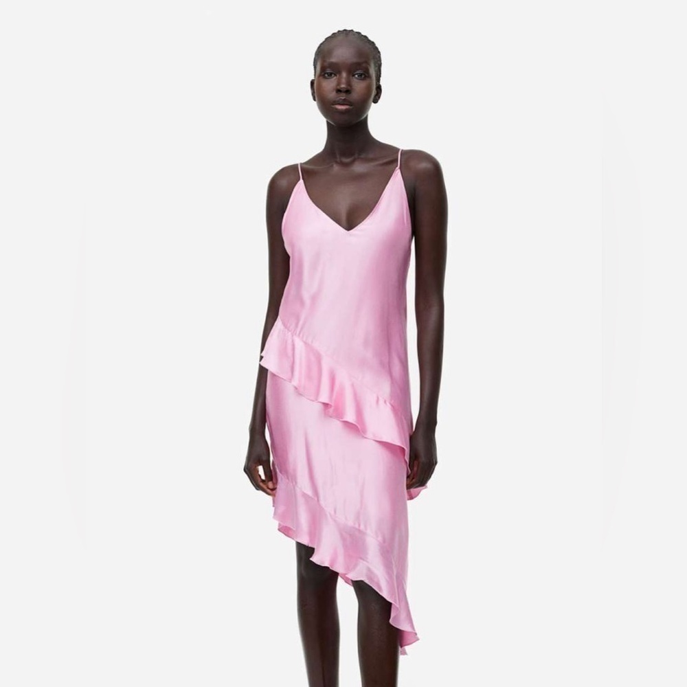 H&M Satin Ruffled Asymmetrical Flounced Romantic Feminine V Neck Slip Dress Pink